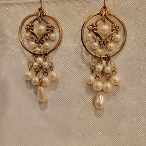 Chandelier Dangle Earrings Gold Tone with Faux Pearls